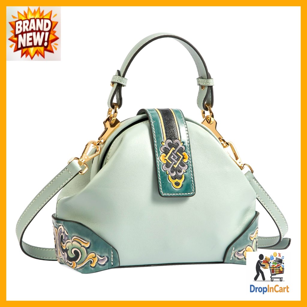 Hand-Carved Painted Leather Hobo Bag Crossbody Tote Adjustable Straps
